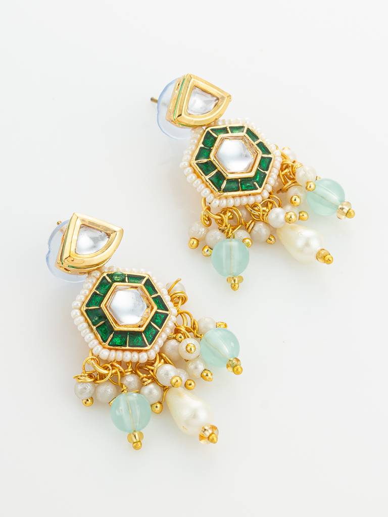 Gold Plated Kundan And Green Stone Multi-Strand Pearl Necklace Set : NK4837