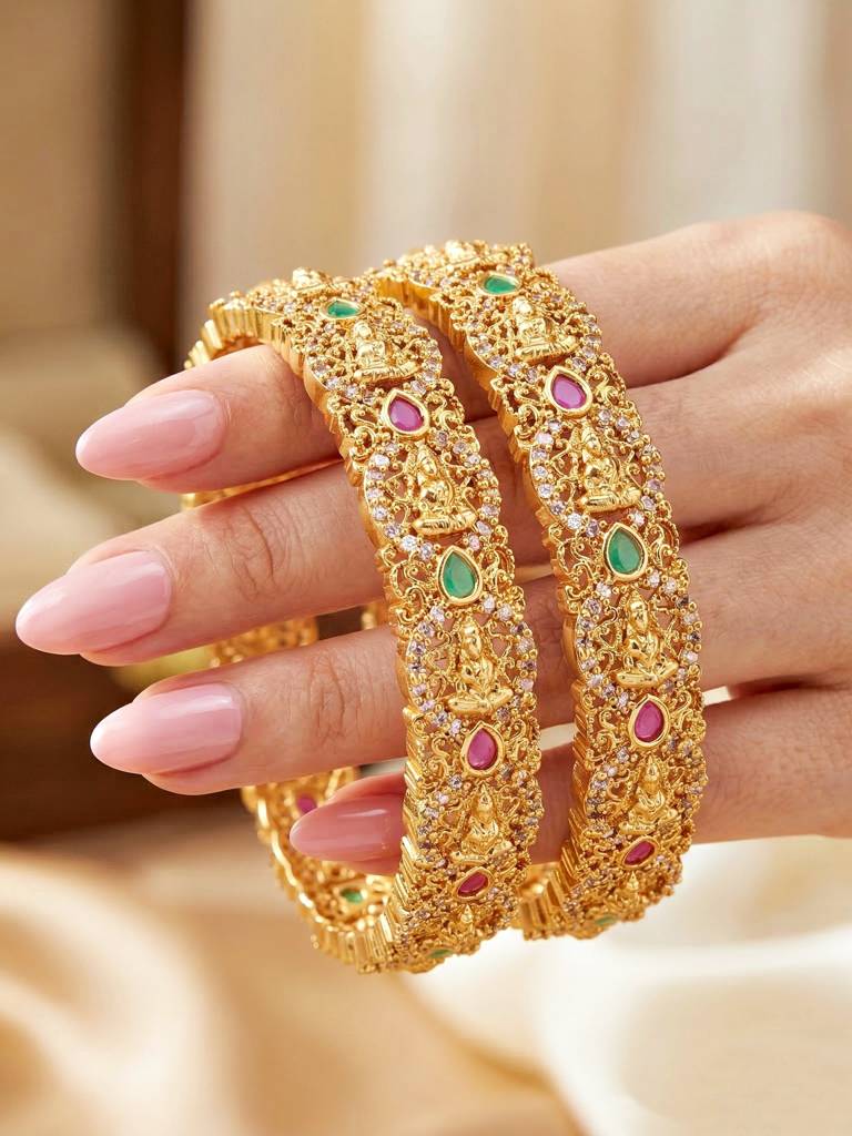 Gold Plated Laxmi Ji Idol Temple Ad Bangle For Women With Pink & Green Stones | Heavy Bridal Wedding Fes : 1174-C1BG-2215-2-24