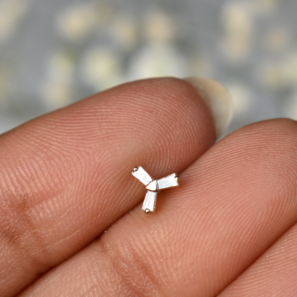 Natural Diamond Baguette Trinuty Nose Stud In 14K Yellow Gold : NP439-14Y-E-S