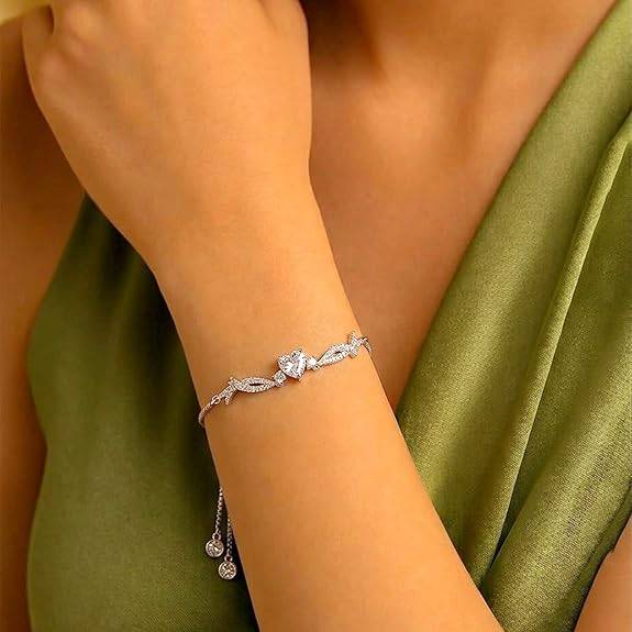 White Silver Plated Charm Bracelet For Women Cubic Zirconia & Crystal Studded Casual & Festive Wear Jewellery Gift  : PX9B233S