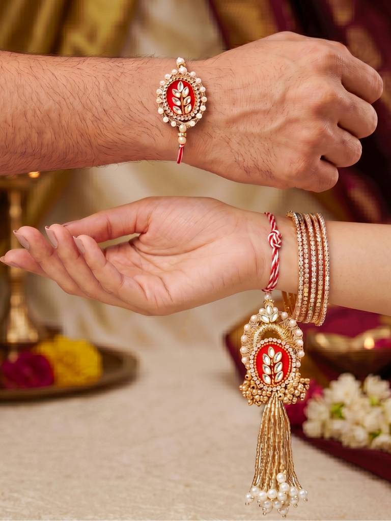 Eternz Certified Jewellery - LUCKY JEWELLERY Designer Red Kundan Bhaiya Bhabhi Rakhi Set
