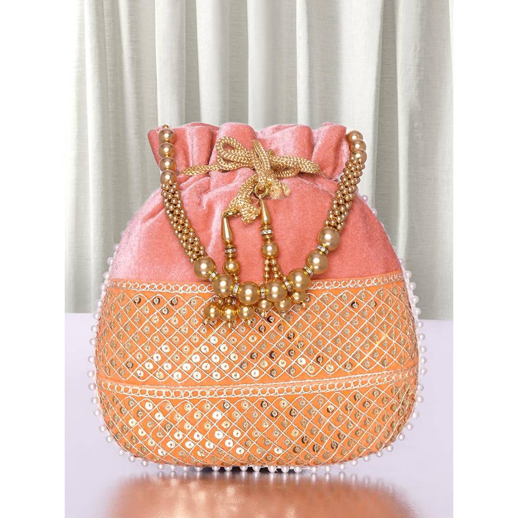 Zari Sequence Potli Bag With Beads Motif Handle For Women Handmade Handbag Stylish Bride Fashion Wristlet Bag For G : P197PK-F