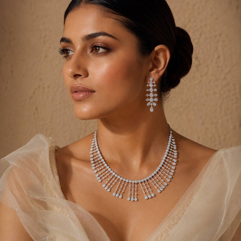 Twenty One Jewels 925 Silver American Diamond Bridal Necklace Set With Earrings | Luxury Wedding & Cocktail Jeweller : TNS9119