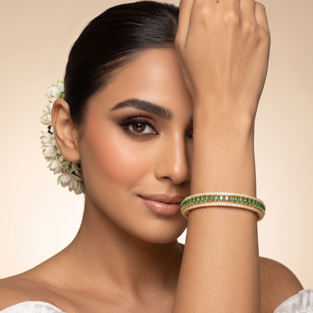 Emerald Green Cz Bangles For Women | Gold Plated American Diamond Bracelet Set Of 2 | Eternity Style Diamond Hal : TP2504G_2.4