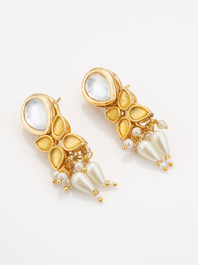 Gold Plated Kundan & Pearl Layered White Necklace Set With Earrings : NK4747