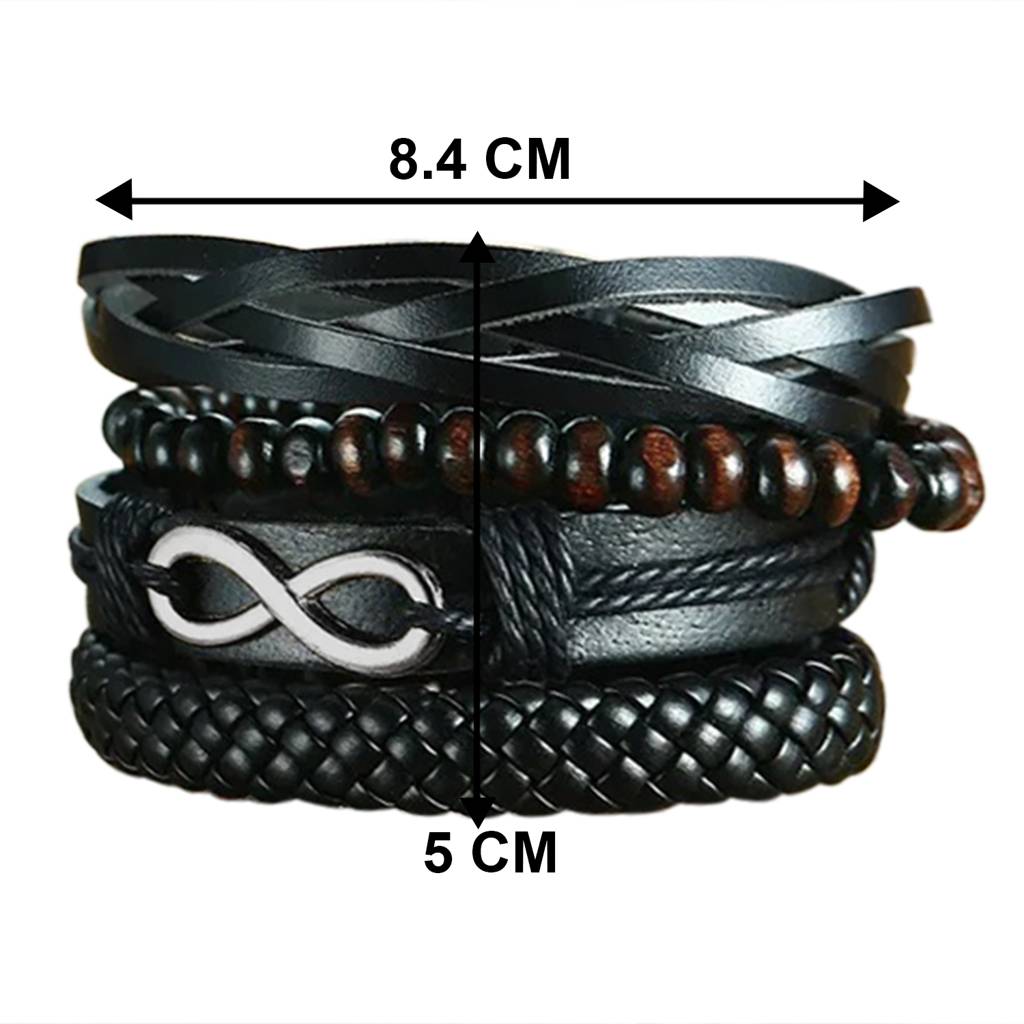 Black Synthetic Leather Pack Of 4 Bracelet Stylish Design Fashion Casual Jewellery Gift For Men & Boys : PX9LB39