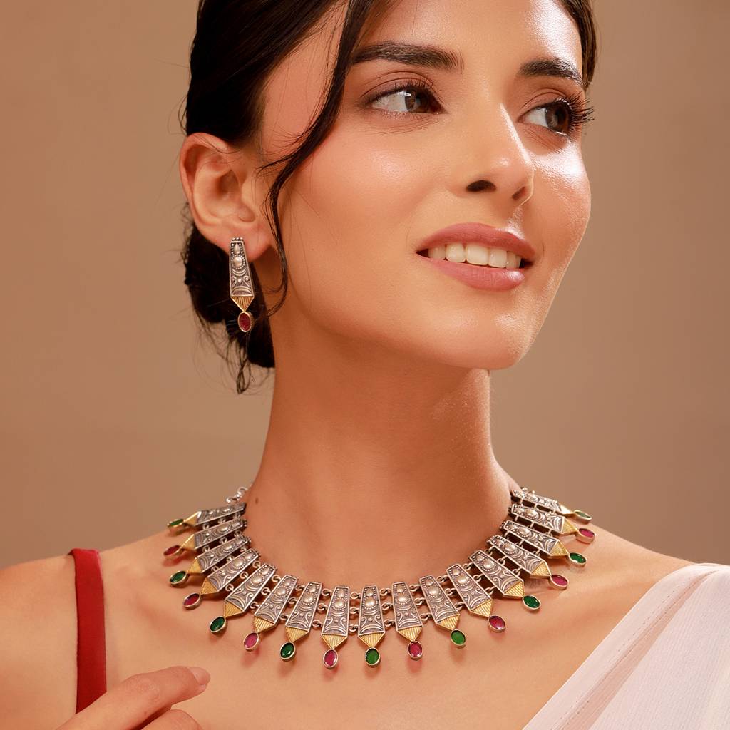 Oxidised Short Necklace Set With Multicolor Bead Earrings- Antique Elegance : 8905124582741