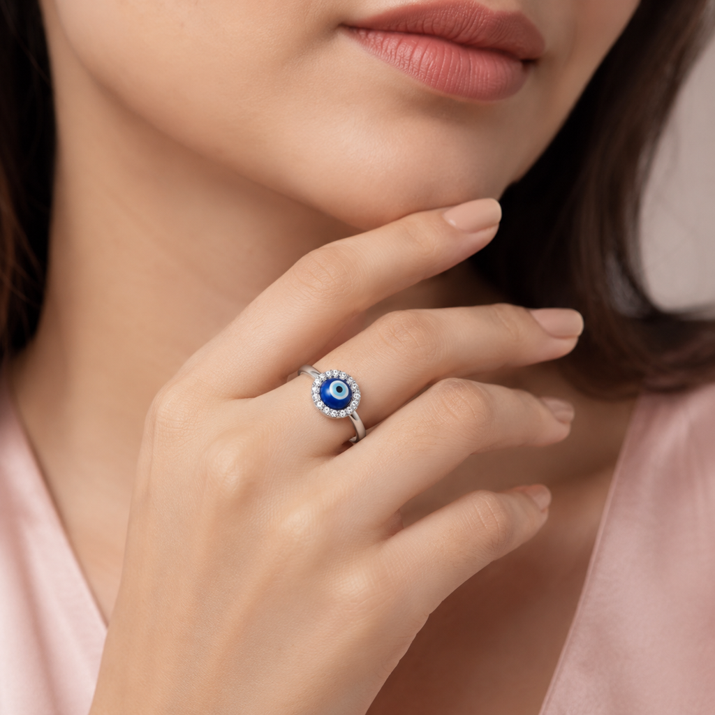 925 Sterling Silver Evil Eye Cz Adjustable Ring : SMK-W-RN-012