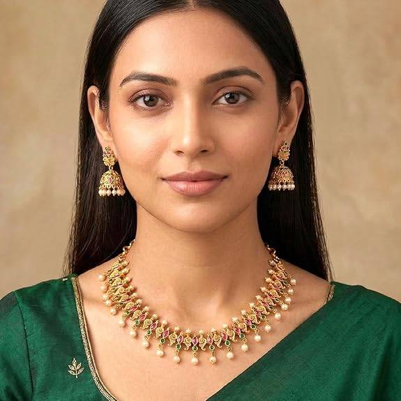 Rani Pink Green Necklace Earrings For Women & Girls Gold Plated Faux Ruby Emerald & Pearl Studded Festive Traditio : PF76N03RG