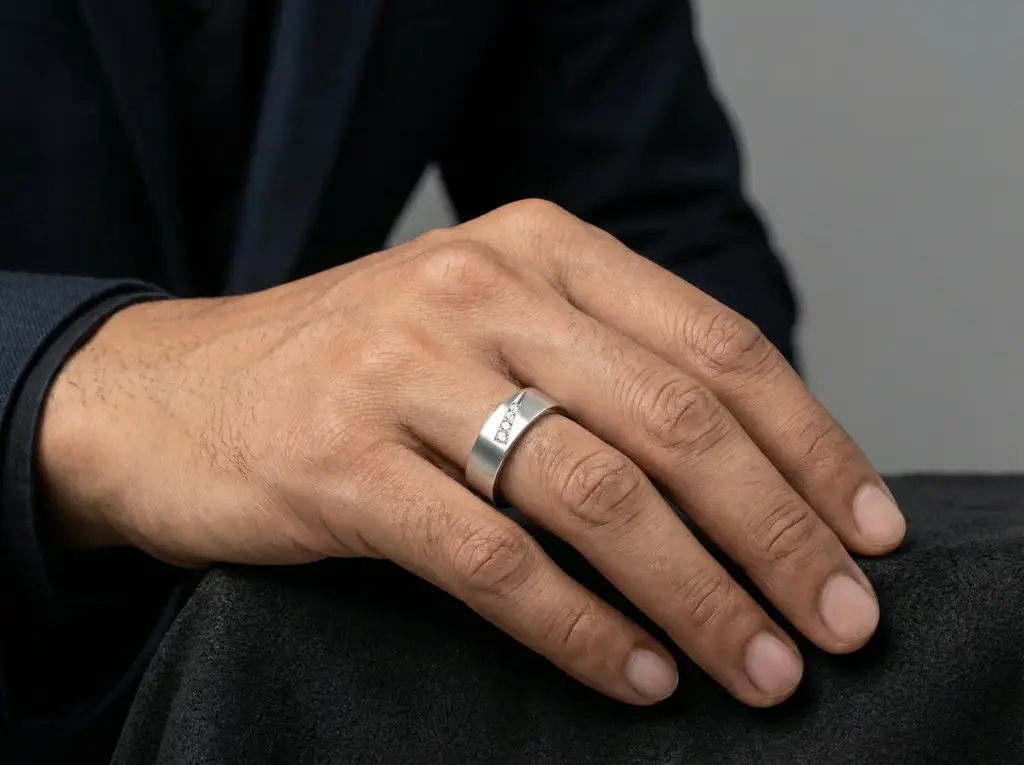 Round Diamond Channel Men'S Band | Diagonal Curve Modern Design : RCC0022-WH-Silver925-LabD-9