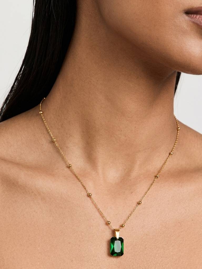 18K Gold Plated Stainless Steel Waterproof & Anti-Tarnish Emerald Muse Necklace : N58ASSS0G