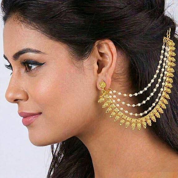Ethnic Earring Chain For Women & Girls Gold Plated Beads Studded Bridal Wedding Kanchain Jewellery Birthday Annive : PF47EC04G