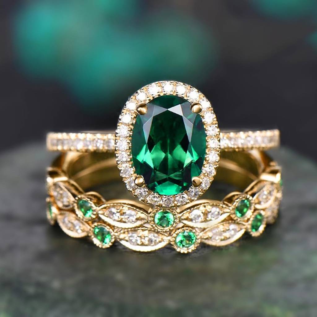 Fancy Green Gold Plated Set Of 3 Finger Ring For Women Size - Us 7 Crystal & Cz Studded Festive & Casual Wear  : PX9R3073GRN-7