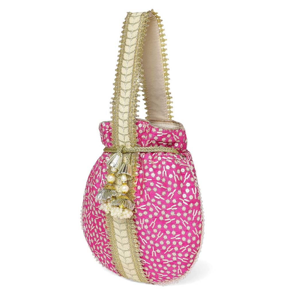 Rani Pink Potli Bag For Women Handmade Evening Wristlet Handbag Stylish Bridal Purse Fashion Bag For Girls (P93Rp) : P93RP