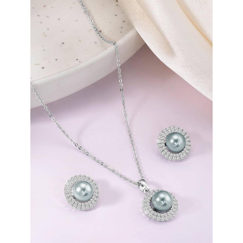 Silver Plated Cubic Zirconia & Pearl Studded Pendant Chain Earrings Set Contemporary Jewellery For Women : PF5PS30S