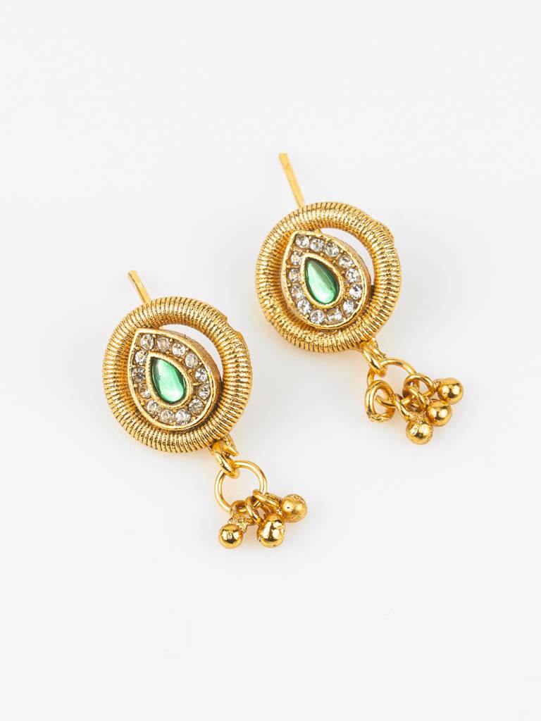 Gold-Plated Teardrop Stone Necklace Set For Women | Green & Pink Ethnic Jewellery With Earrings | Bridal & Festive Wear : NK4807