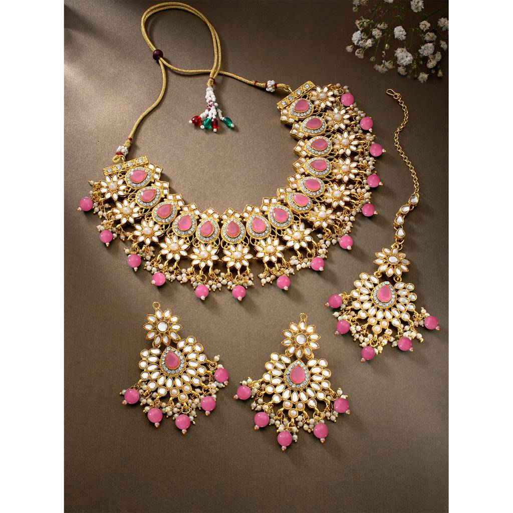 Peora Gold Plated Kundan Dangling Pearls Necklace Earring Maangtikka Jewellery Set For Women : PF28N126PK