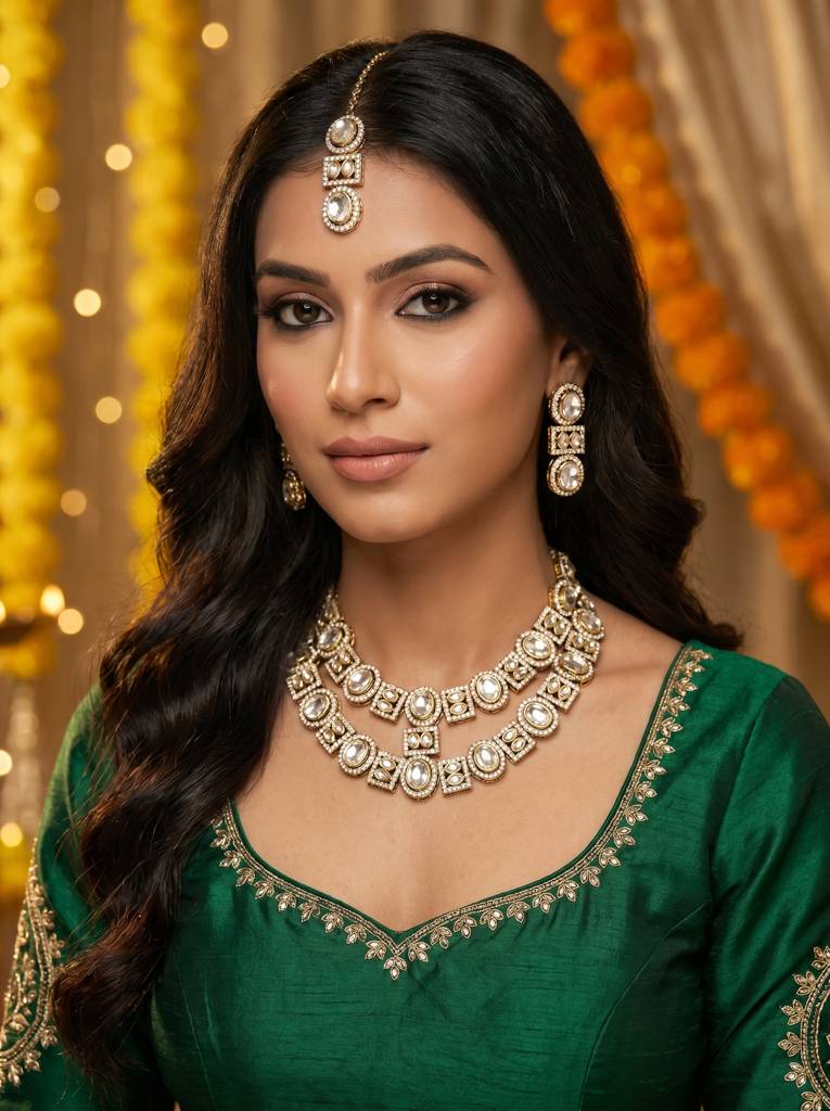 Bridal Double Layer Jewellery Set : HBN-44-WHITE