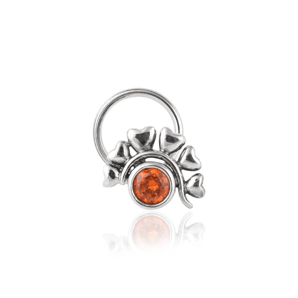Citrine Stone With Heart Leaf Motif Nose Pin - Sterling Silver : NP00020_925S_OX_CT