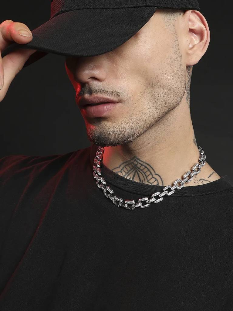 Men'S Embellished Overlay Chain Necklace - Silver : FANC1081