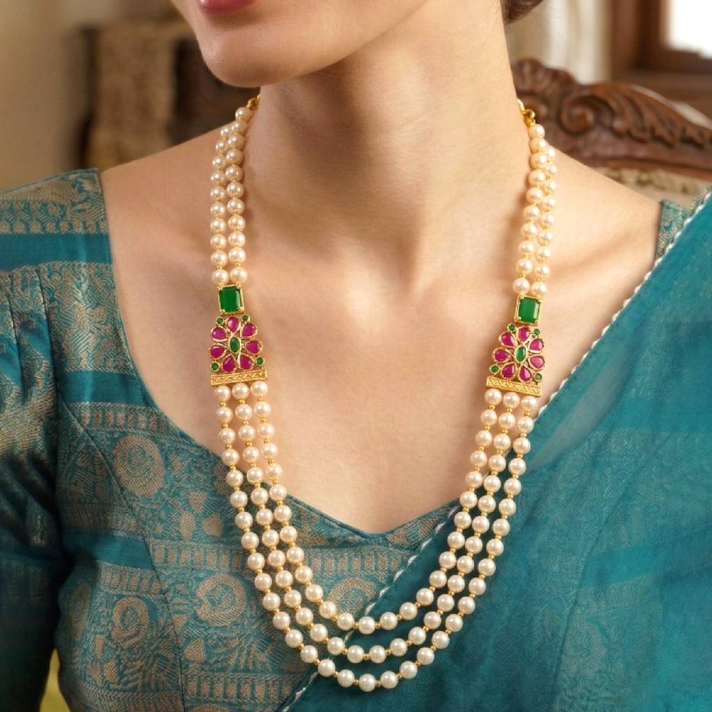 Ethnic Beads Layered Long Mala Necklace For Women & Girls Gold Plated Faux Ruby Emerald & Pearl Studded Tradition : PF10ML29RG