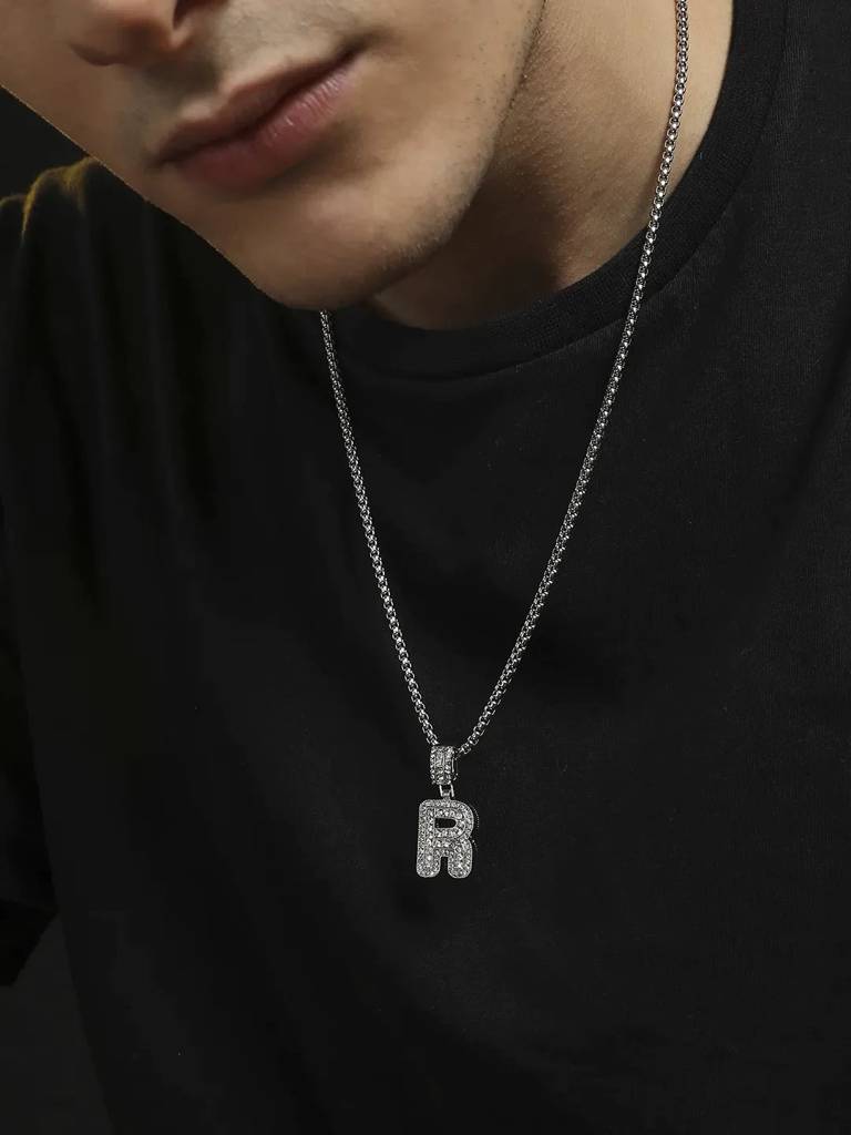 Men'S Embellished Alphabet Pendant Necklace - Silver : FANC1071-R