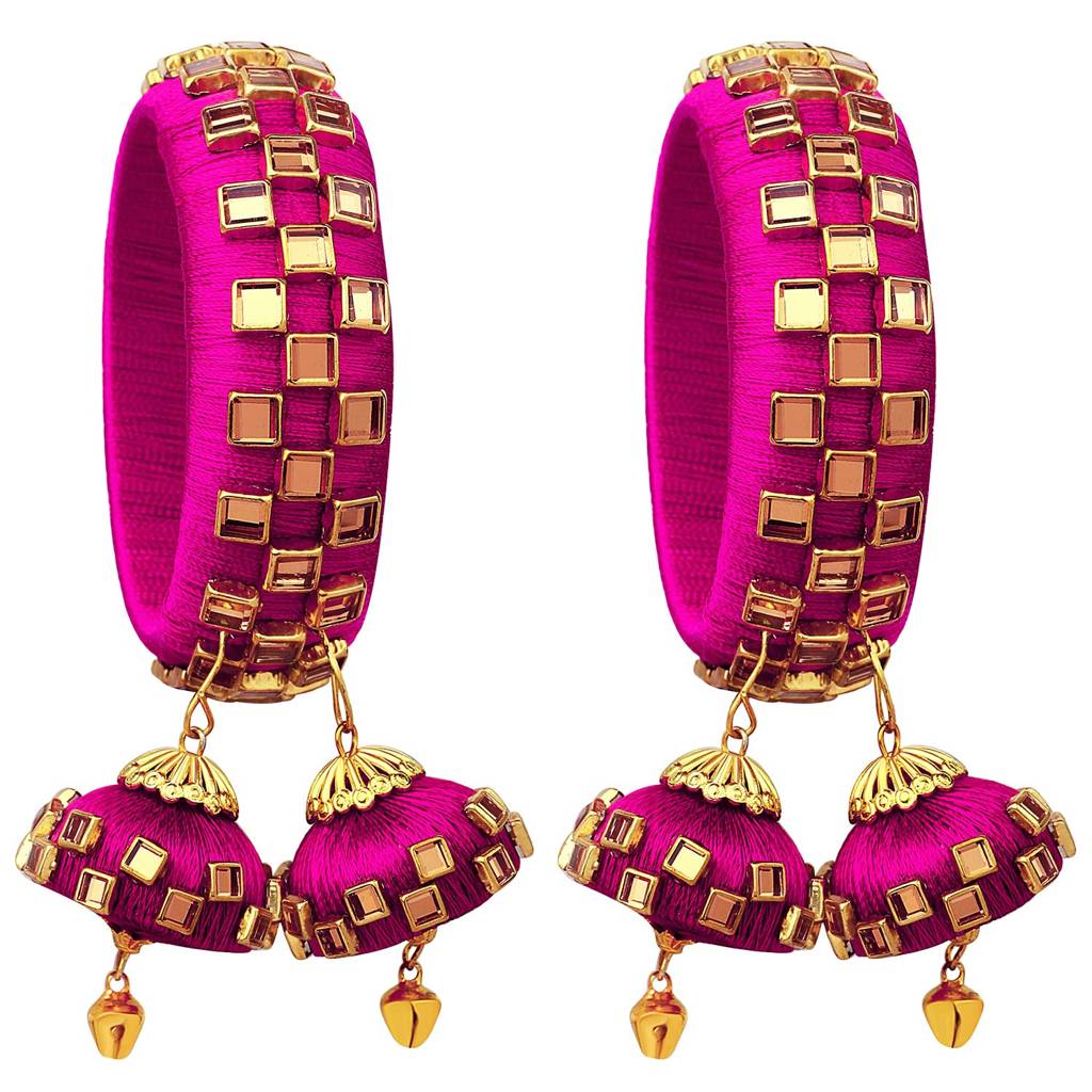 Peora Silk Thread Crystal Design With Dangling Jhumki Chuda Chura Bangle Set For Women : PF51B73RP
