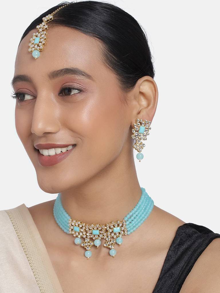 Gold Plated Pearl Beaded Studded Choker Necklace With Earring Maang Tikka Jewellery Set For Women (Sky Blue) : PF37N224SB