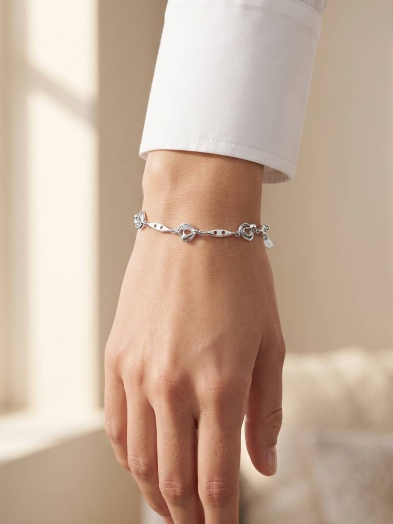 925 Silver Open Heart Link Bracelet For Women : BR-65