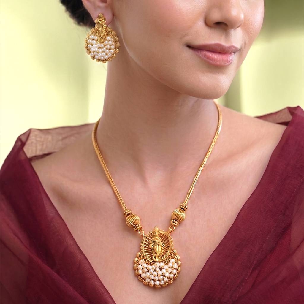 Women'S Gold Plated Ethnic Long Necklace Earrings Set Beads Studded Traditional Festive Bridal Jewellery Anniversa : PF47N78GW