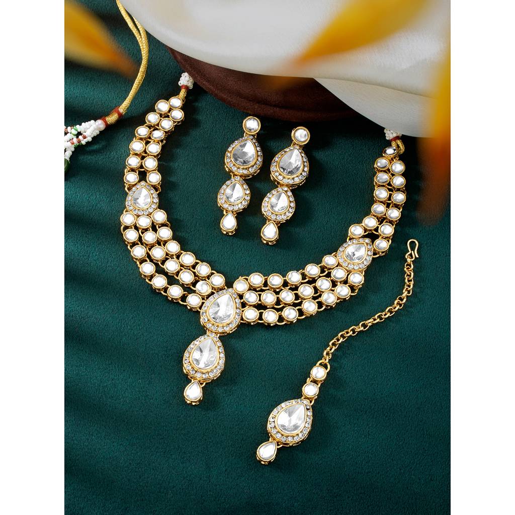 Peora Gold Plated Traditional Kundan Studded Long Necklace Jewellery Set With Earring Maang Tikka For Women Girls : PF25N009W