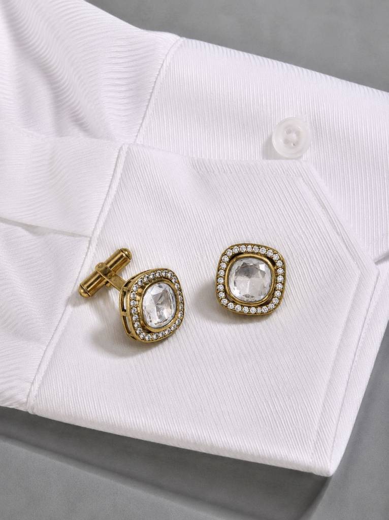 Antique Gold Finish Square Halo Polki Cufflink Pair For Men : 700024_2