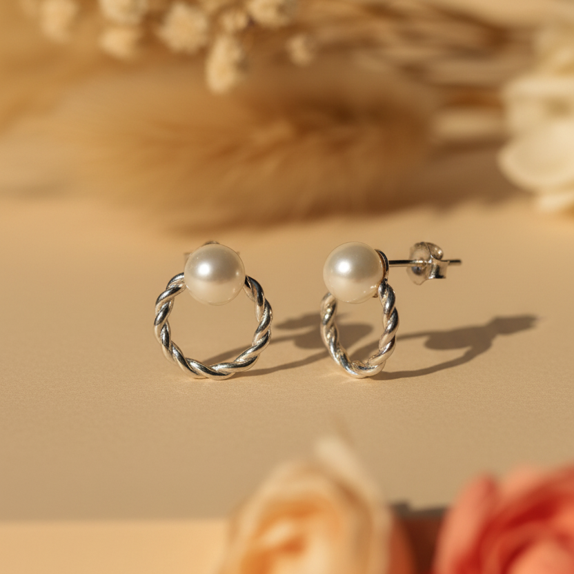 925 Silver Twisted Hoop Pearl Stud Earrings : ZIRAK-Earring-130