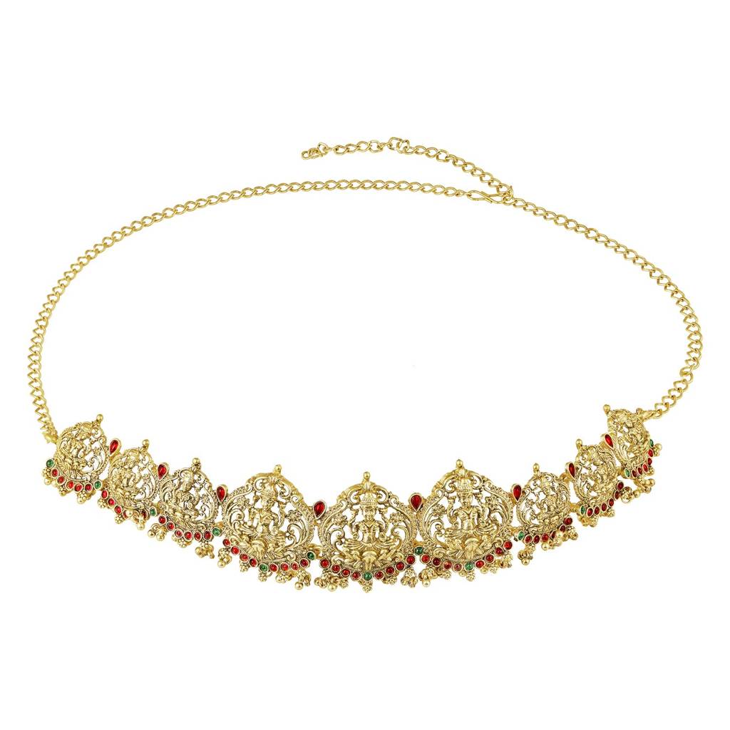 Gold Plated Rani Pink Green Faux Ruby Faux Emerald Studded Belly Chain Kamarbandh Ethnic Jewellery For Women : PF47BCH02RG
