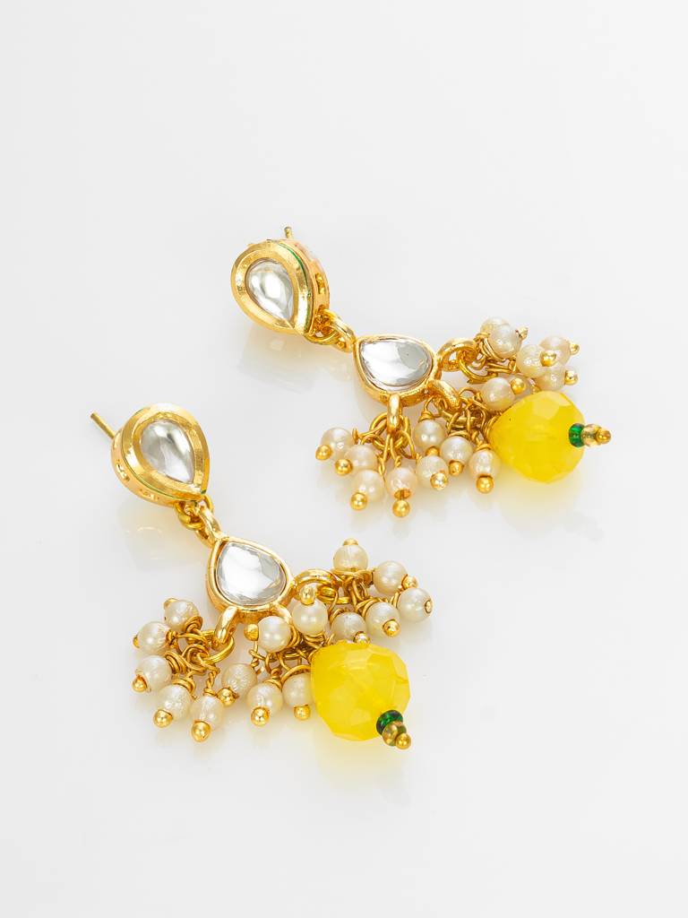 Gold Plated Pearl Beaded Yellow Stone Designer Traditional Necklace Set For Women : NK4710