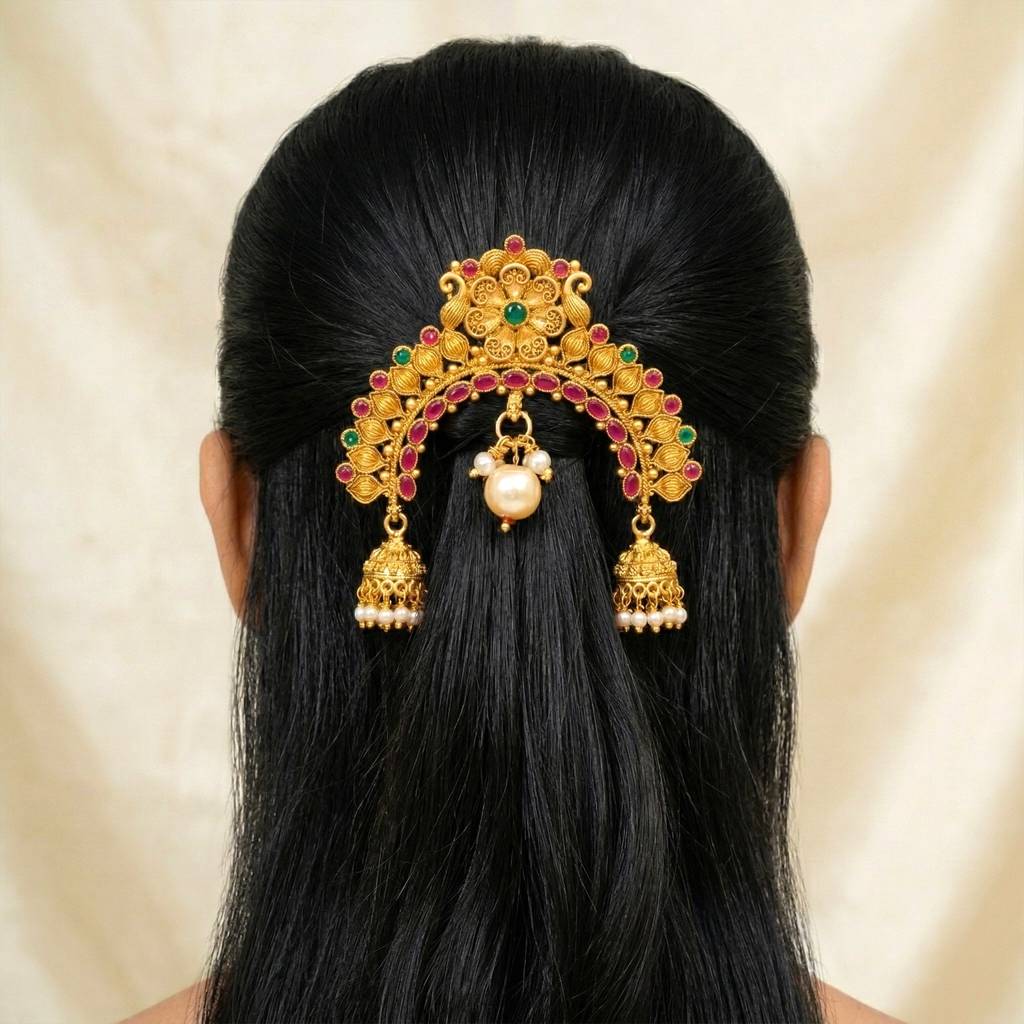 Ethnic Hair Juda Pin Brooch For Women & Girls Gold Plated Faux Ruby Emerald & Beads Studded Bridal Festive Jewel : PF04HJ12RPG