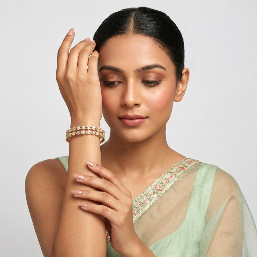 Elegant Gold Plated Floral Cz Diamond Bangle Set | Traditional Indian Jewelry For Women (Set Of 2) : TP2489GP_2-4