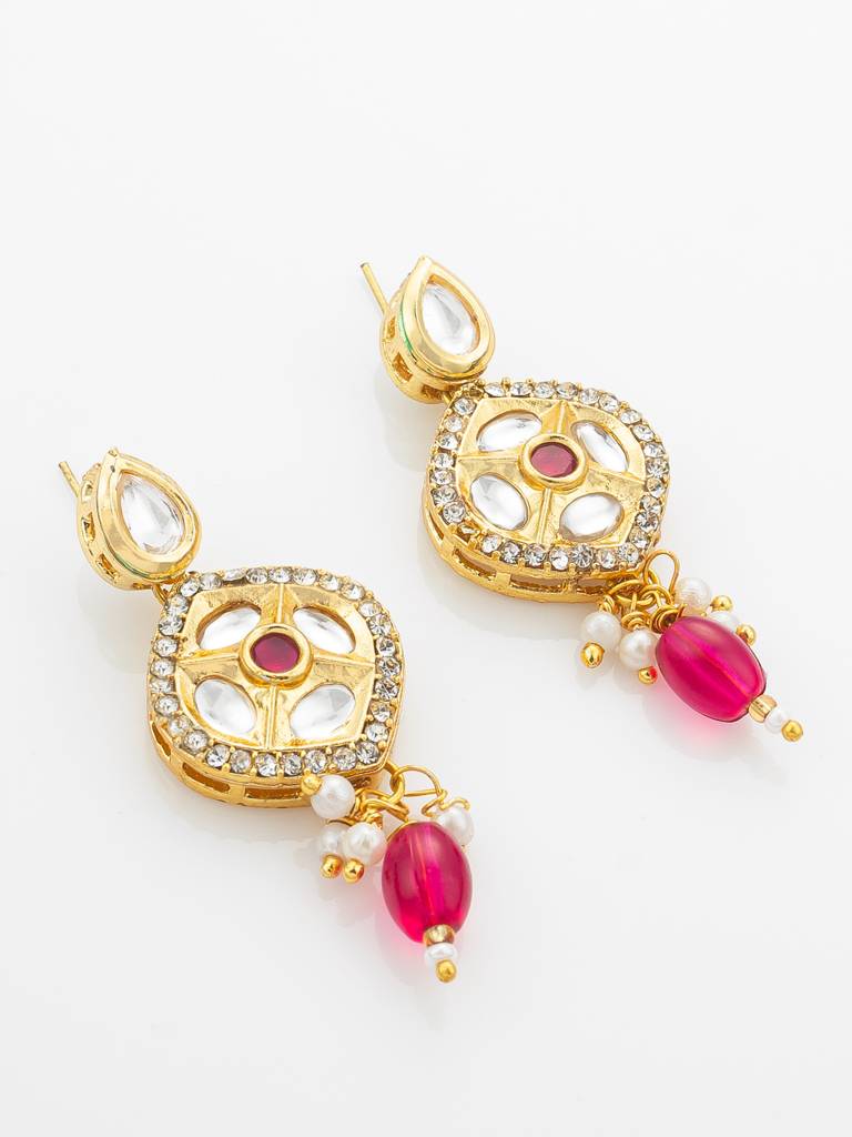 Gold-Plated Kundan Long Necklace Set With Beads And Floral Meenakari Pendant And Earrings : NK4918