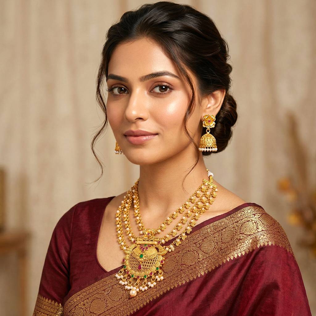 Ethnic Necklace Earrings Set For Women & Girls Gold Plated Faux Ruby Emerald & Lariya Studded Festive Tradition : PF04N10154RG