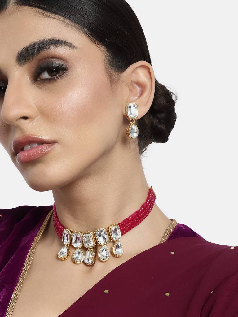 Crystal Pearl Traditional Ethnic Bridal Choker Necklace With Earrings Jewellery Set For Women Girls : PF24N2905RP