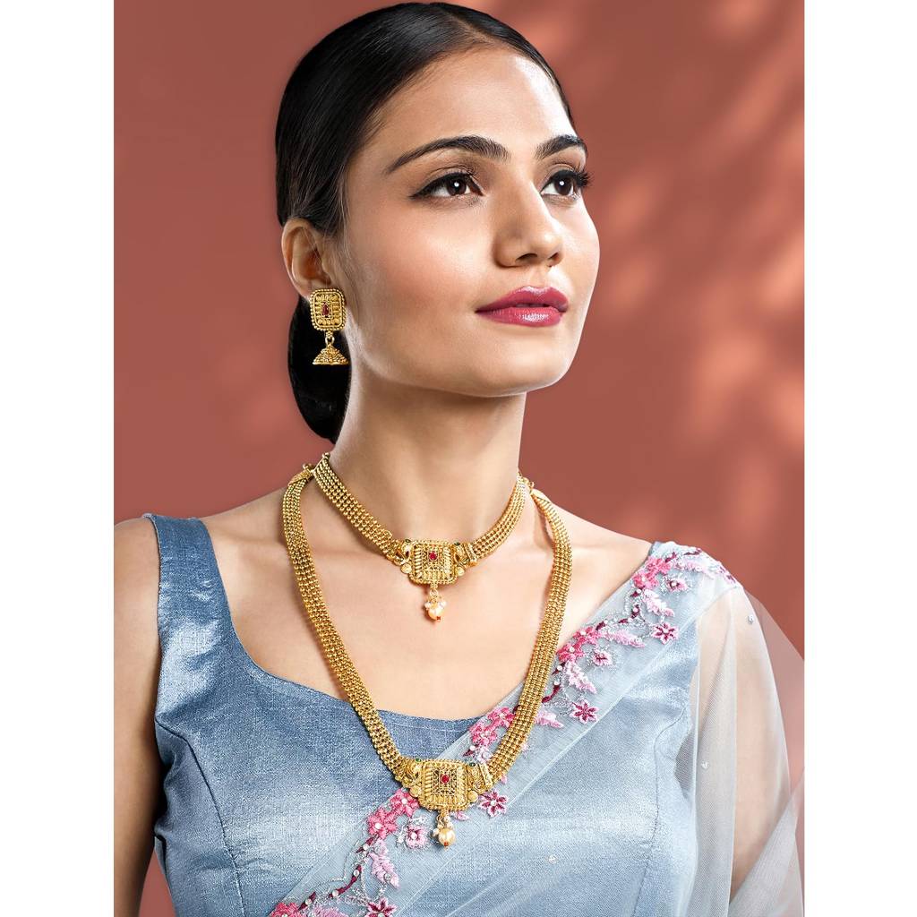 Gold Plated Synthetic Stone & Pearl Studded Maharani Haar Short & Long Necklace With Jhumki Earrings Bridal J : PF04BR10662RPG