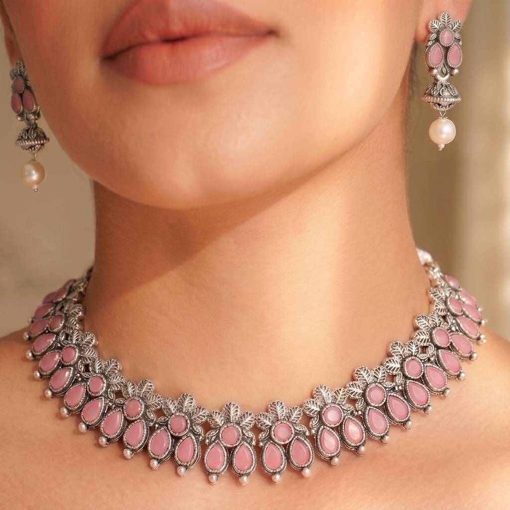 Women'S Silver Plated Ethnic Pink Necklace Earrings Set Crystal Studded Festive Jewellery Anniversary Birthday Gif : PF04N15PK