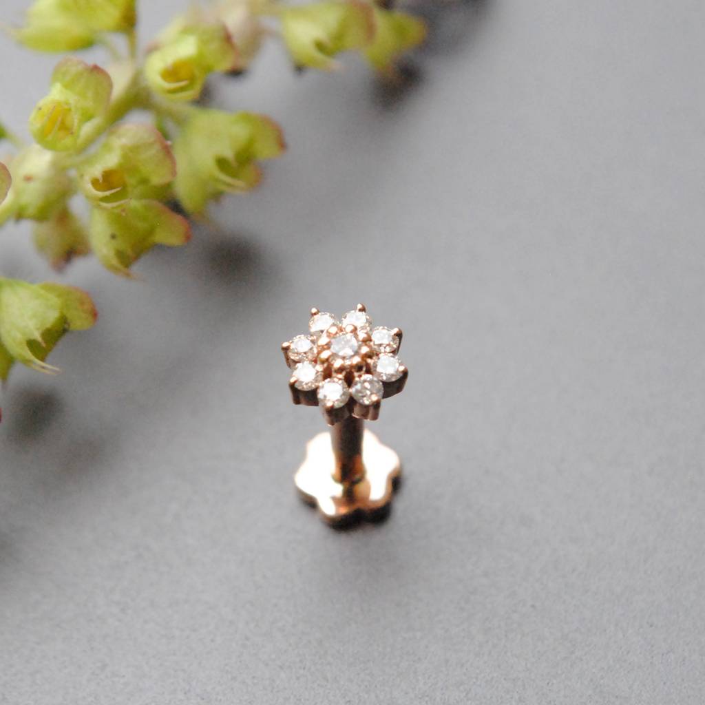 Natural Diamond Floral Nose Stud In 14K Gold : NP229-14R-E-S