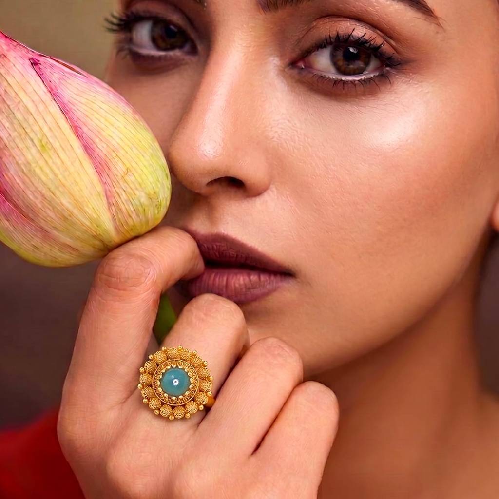 Ethnic Gold Plated Green Adjustable Finger Ring For Women : PF04R04G