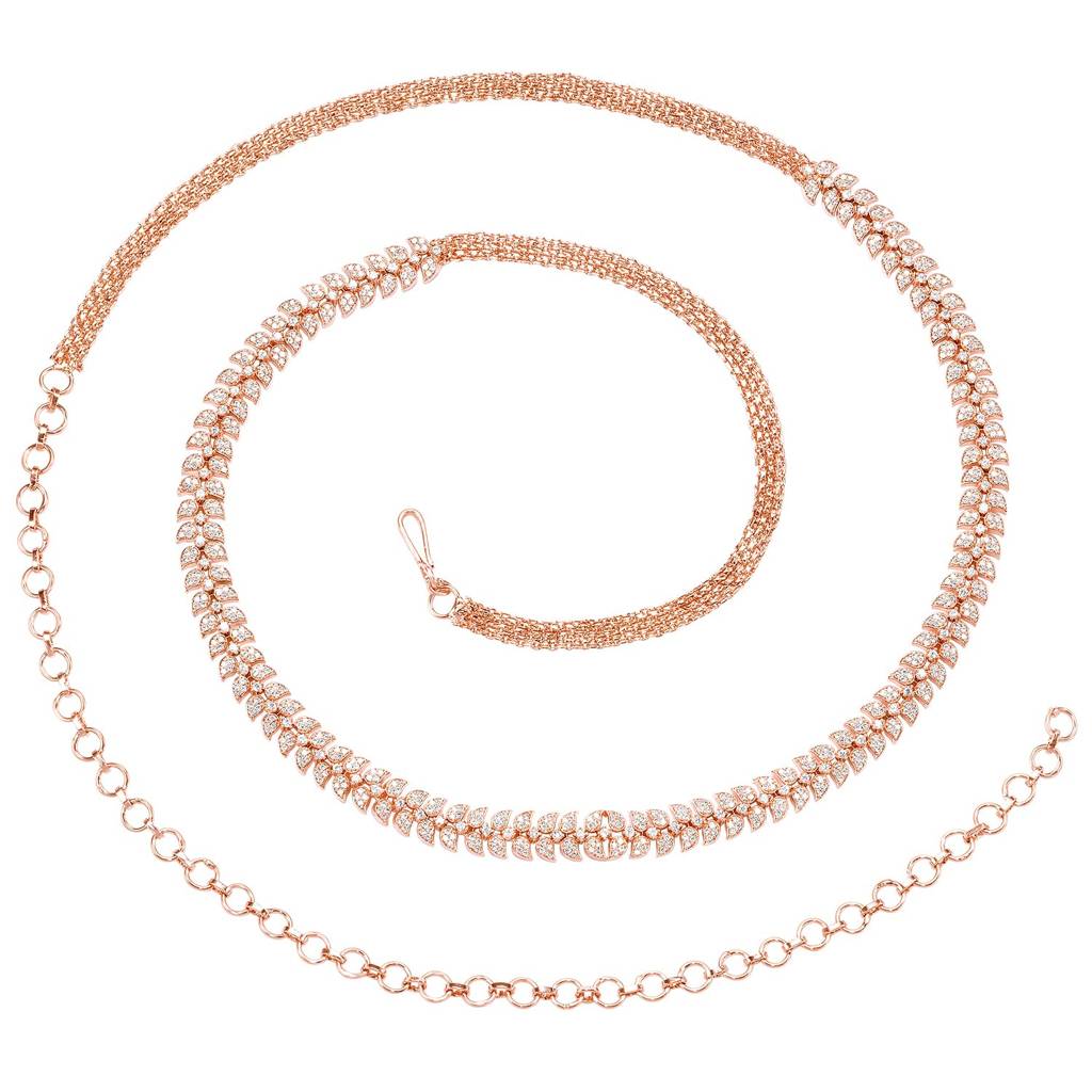 Rose Gold Plated Cubic Zirconia Studded Ethnic Belly Chain Kamarbandh Jewellery For Women : PF67BLT215C