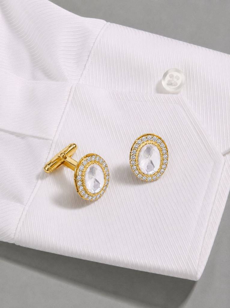 Oval Polki Classic Gold Finish Mens Cufflink Pair : 700010_2