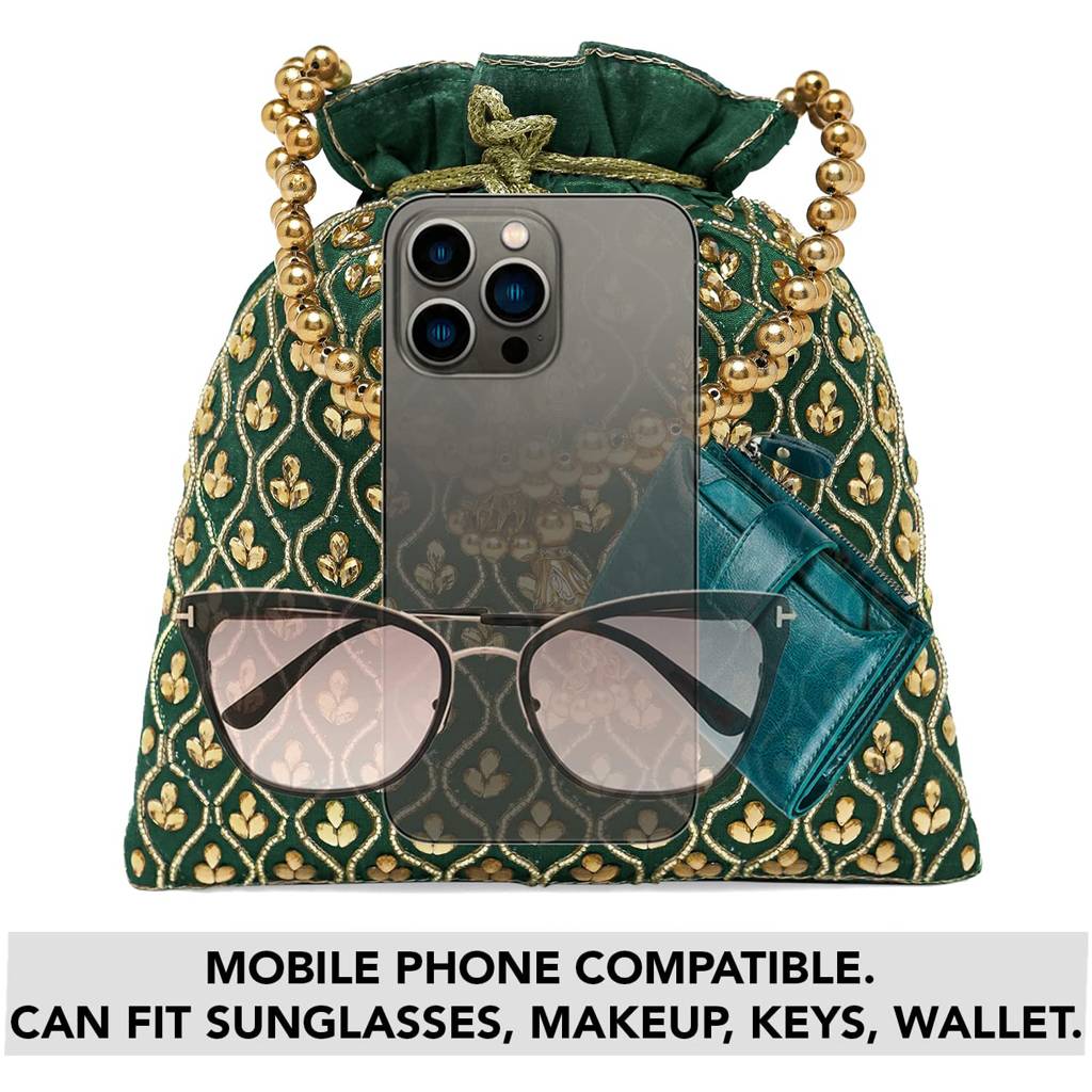 Potli Bags For Women Girls Evening Bag Wristlet Ethnic Bridal Purse With Drawstring : P27GRN
