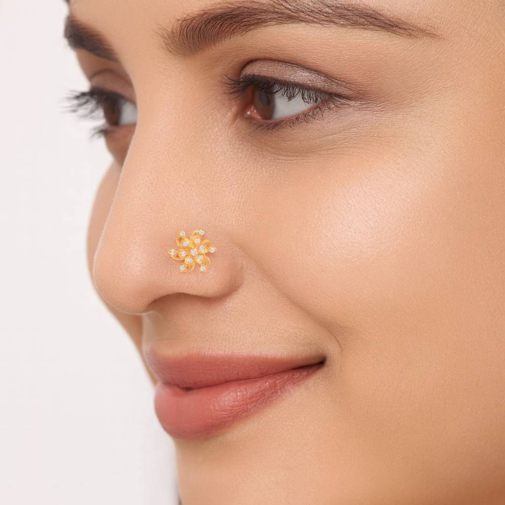 White Cz Floral Spiral Petal Nose Pin - Sterling Silver Gold Plated : NP-00197_925S_SW277_YG_WCZ