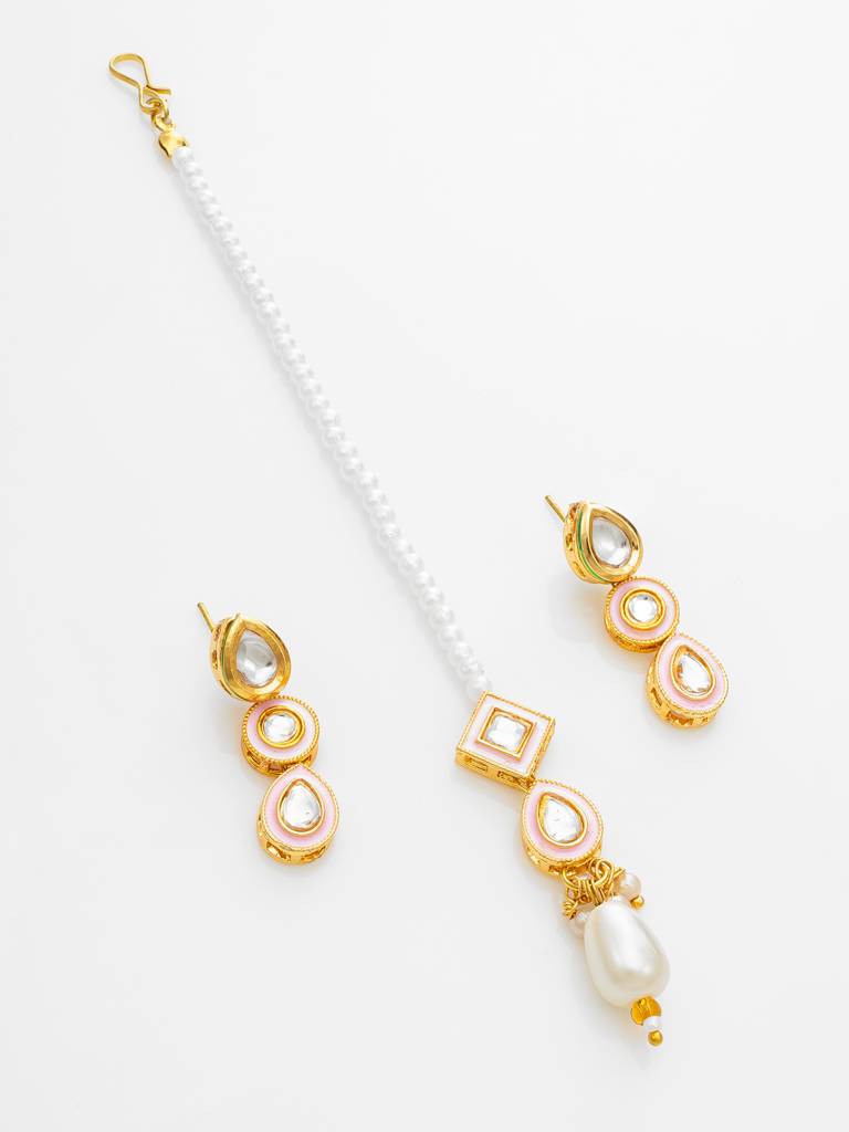 White Kundan Pearl Bridal Necklace Set With Maang Tikka : NK4733
