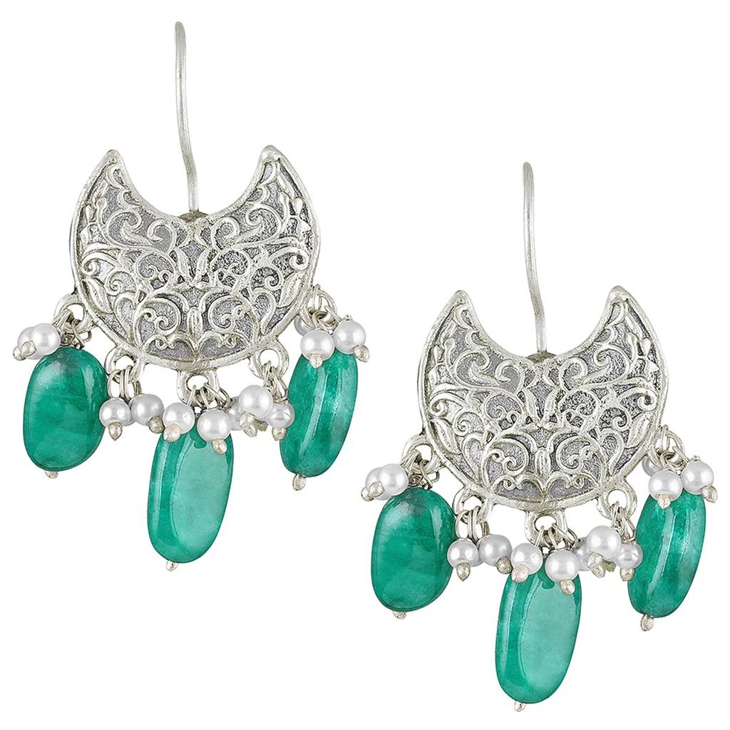 Oxidized Silver Plated Green Beads Studded Ethnic Dangle Earrings Fashion Jewellery For Women & Girls : PF55E212GRN